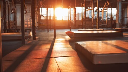 Sunrise illuminates empty gym with exercise mats and swings before a busy day of fitness activities