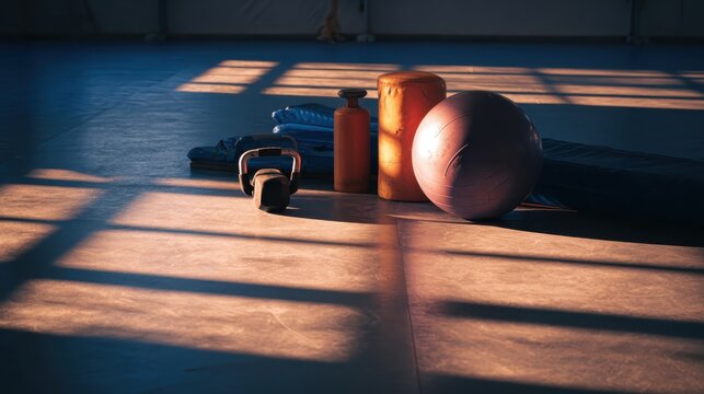 Fitness equipment arranged neatly on a gym floor during golden hour light
