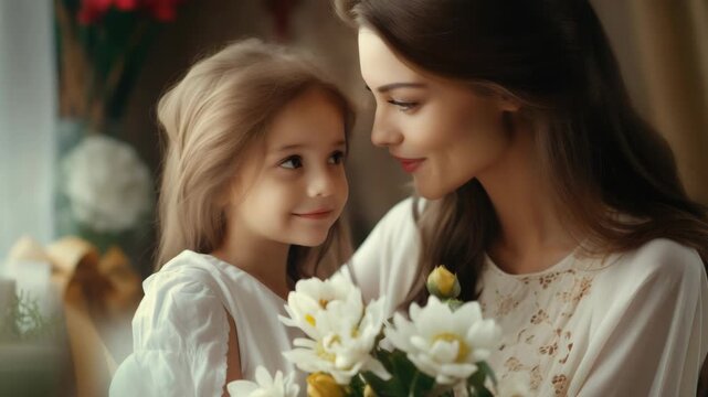 A mother and daughter share a joyful moment at a wedding, embracing in front of flowers with smiles on their faces.