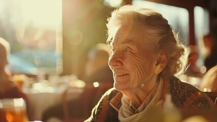 Smiling elderly woman sitting at dining table with blurred background.