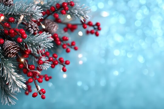 Frosted pine branches, red berries, and pinecones creating a festive border on a sparkling blue bokeh background