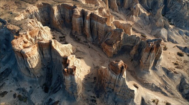 Dramatic aerial view of towering eroded sandstone pillars and canyons.