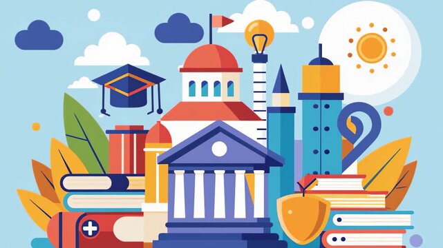 Building Surrounded by Books and Bookshelves, College project, study for college entrance exam, university concept, Simple and minimalist flat 2d Animation