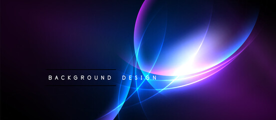 Abstract background features vibrant blue, purple glows. Dynamic curves create futuristic, energetic visual impact. Minimalist text present.