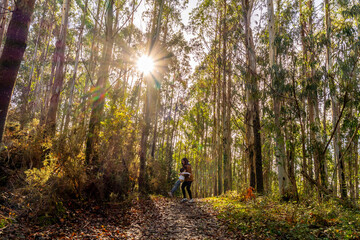 Mother playing with child in eucalyptus forest during autumn © unai