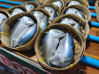 Pack of Short-bodied mackerel with bamboo steamer basket in Thai fresh market.