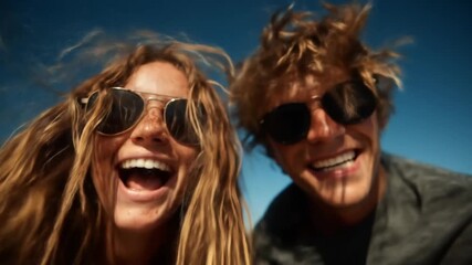 Joyful couple with windblown hair and sunglasses laughing
