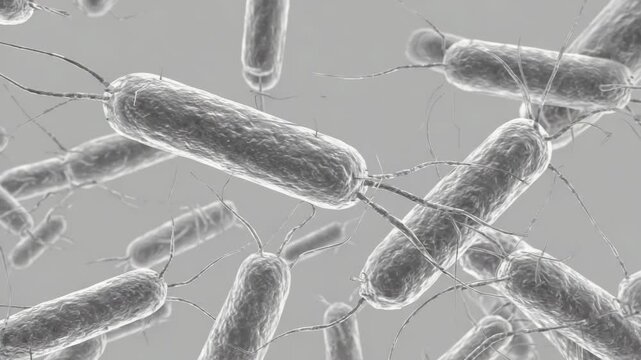 A bunch of bacteria are shown in a close up. They are all different sizes and shapes. Some are long and thin, while others are short and round