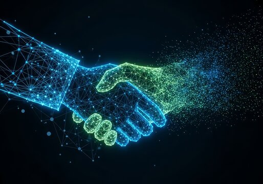 Digital handshake with blue and green glowing polygon mesh on a dark background showing connection