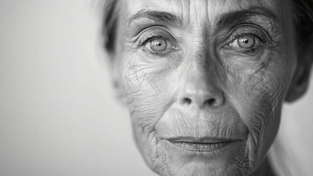 Close-up portrait of a mature female with deep creases on face