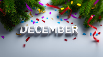 A festive December banner photographed in ultra-high resolution, full width, horizontal composition. In the center large glossy white 3D letters forming the word "DECEMBER," perfec