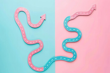 Fototapeta premium Separate pink blue paths merging concept