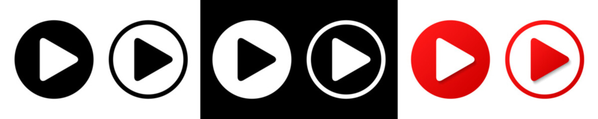 Player button set icons, red and black play button signs, video audio player navigate symbol