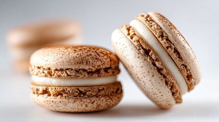 Delicious gingerbread macarons with spiced filling, soft white background