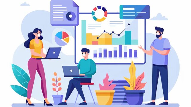 A diverse group of individuals standing around a computer screen, analyzing and discussing data together, Company employees are inputting data trending, Simple and minimalist flat 2d Animation - Powered by Adobe