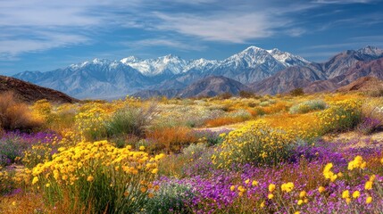 Beautiful spring wildflowers bloom in vibrant colors across desert landscape with snow-capped mountains in the background under a clear blue sky