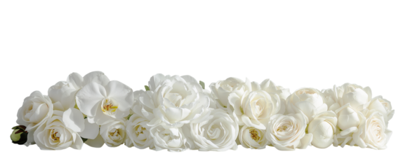 Lush arrangement of white roses and orchids against a transparent background