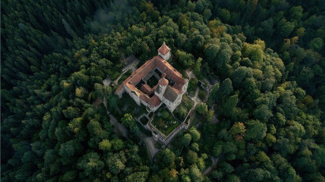 Aerial View of an Ancient European Castle Surrounded by a Dense Forest