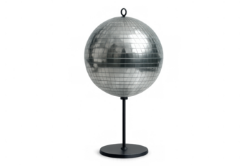 Disco ball on stand creating retro party atmosphere, shiny mirror tiles reflecting light, isolated on transparent background