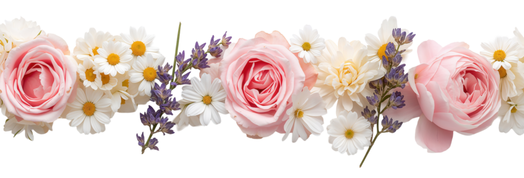 A floral arrangement featuring pink roses, white daisies, and sprigs of purple lavender blooms.