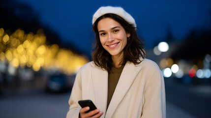 Fototapeta premium A stylish young woman standing on a beautifully lit city street in the evening, smiling while browsing her smartphone. She wears a beige coat and a white beret, blending perfectly