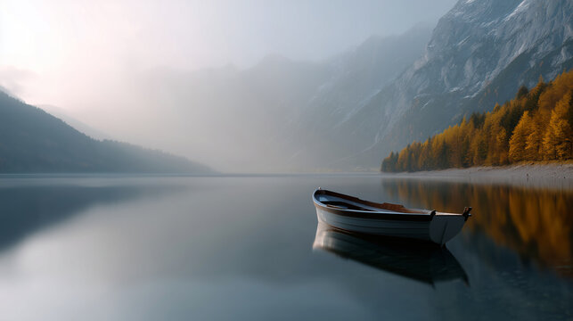 A serene December 2024 calendar design featuring a peaceful mountain lake scene on the right side. A small traditional wooden boat with a canopy floats on the calm reflective water