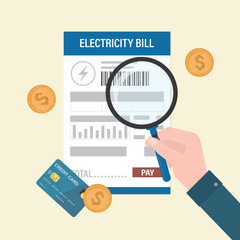 High electricity bills. User hand looking at bill through magnifying glass. Electricity consumption analysis and monthly payment amount.