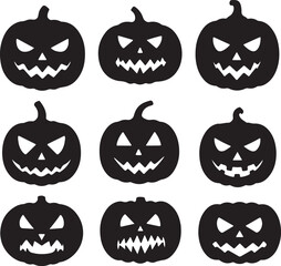 Nine Black Silhouettes of Jack-o'- Lantern Pumpkins with Scary Faces on a White Background Keywords: Halloween, pumpkins, jack-o'-lantern, scary, spooky, carved, faces, on transparent background