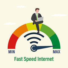 Fast internet connection speeds. Progress scale with arrow. Male user sitting with laptop on measuring scale. Free wifi hotspot zone, wireless connect.