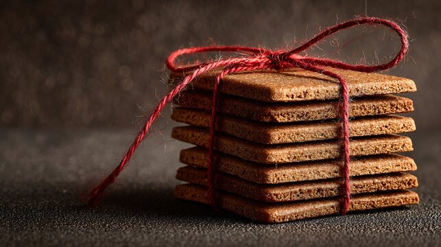 A stack of gingerbread bars tied with red thread, copy space