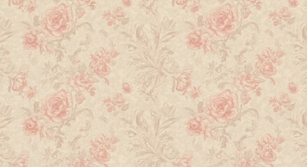 淡いピンクのバラが優雅に咲き誇るベージュのシームレスパターン壁紙クラシックで上品な雰囲気の美しい花柄デザイン. AI Generated