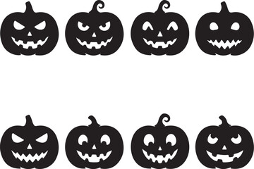 Eight black silhouette jack-o-lanterns with carved spooky faces on a white background Keywords: Halloween, jack-o-lantern, pumpkin, spooky, scary, face, carved, silhouette, on transparent background