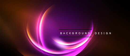 Abstract vibrant background. Swirling neon lights create dynamic visual effect. Purple, orange hues dominate composition. Modern design element.