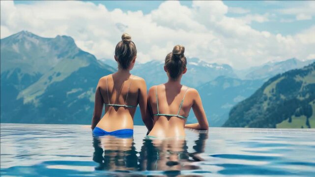 Scenic outdoor of two ladies relaxing in a mountain lake.