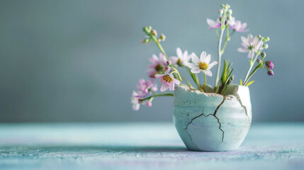 Kintsugi vase holding delicate fresh spring flowers