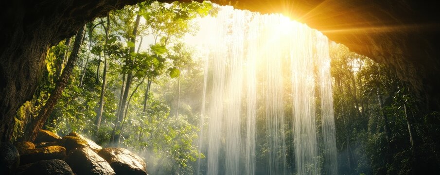 Spectacular light waterfall illuminating a hidden cave forest paradise