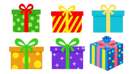 Collection of six colorful gift boxes with ribbons and bows, perfect for birthdays and celebrations, isolated on transparent background