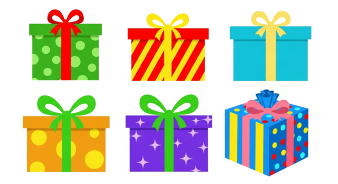 Collection of six colorful gift boxes with ribbons and bows, perfect for birthdays and celebrations, isolated on transparent background