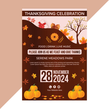Modern Thanksgiving celebration flyer template with autumn leaves, pumpkins, and festive design for fall event promotion, party invitation, or seasonal marketing poster layout