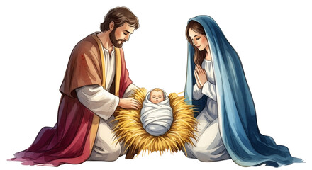Obraz premium Nativity scene depicting baby jesus in a manger with mary and joseph, a holy and peaceful christmas depiction, isolated on transparent background