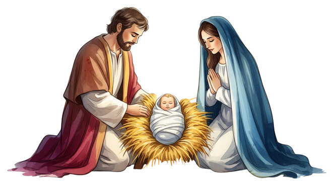 Nativity scene depicting baby jesus in a manger with mary and joseph, a holy and peaceful christmas depiction, isolated on transparent background