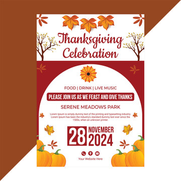 Clean and festive Thanksgiving flyer template with pumpkins, autumn leaves, and warm seasonal colors, perfect for holiday events, fall parties, and restaurant promotions