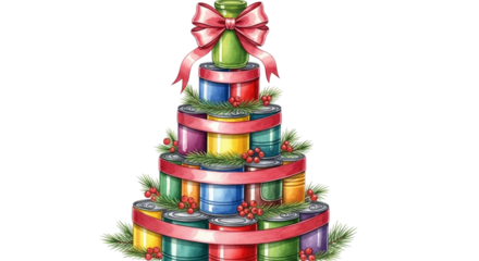 Christmas tree made of canned food decorated with ribbon and pine needles, isolated on transparent background