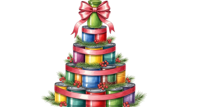 Christmas tree made of canned food decorated with ribbon and pine needles, isolated on transparent background