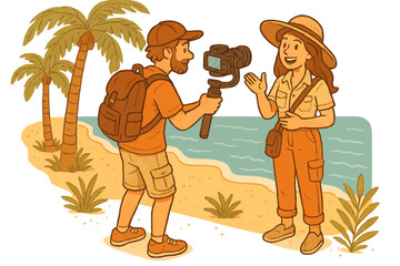 Cartoon adventure: young caucasian male and female vloggers on a tropical beach journey