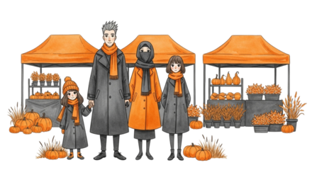 Family dressed in winter coats and scarves at a pumpkin patch with orange tents and autumn produce isolated on transparent background