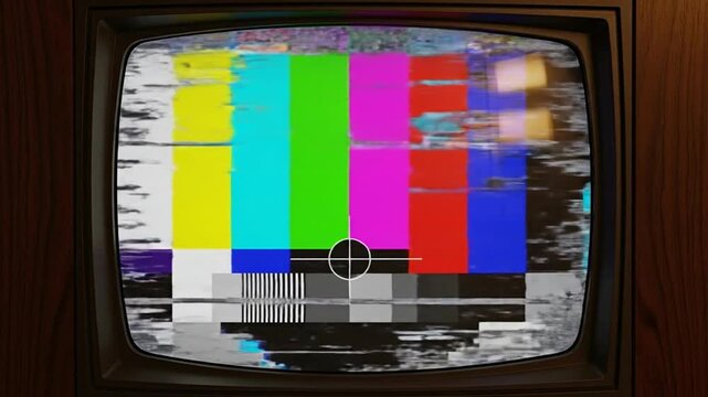Static Television Signal: An antique television set displays a colorful static test pattern, evoking a sense of nostalgia. The screen is filled with an array of vibrant bars and tones.