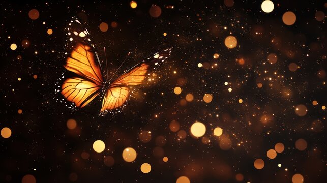 Elegant monarch butterfly amid glittering golden orbs and cosmic dust