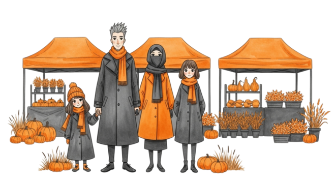 Family dressed in winter coats and scarves at a pumpkin patch with orange tents and autumn produce isolated on transparent background