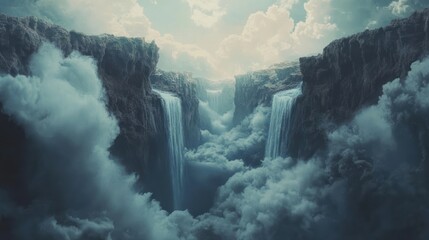 Mystic cascade veiled in billowing clouds, majestic and surreal waterfall landscape